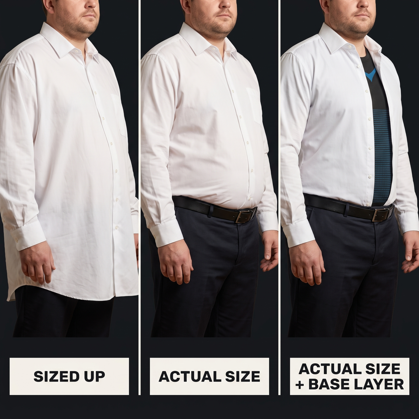 Three torsos side by side: a bigger shirt, two layers, and one compression tank