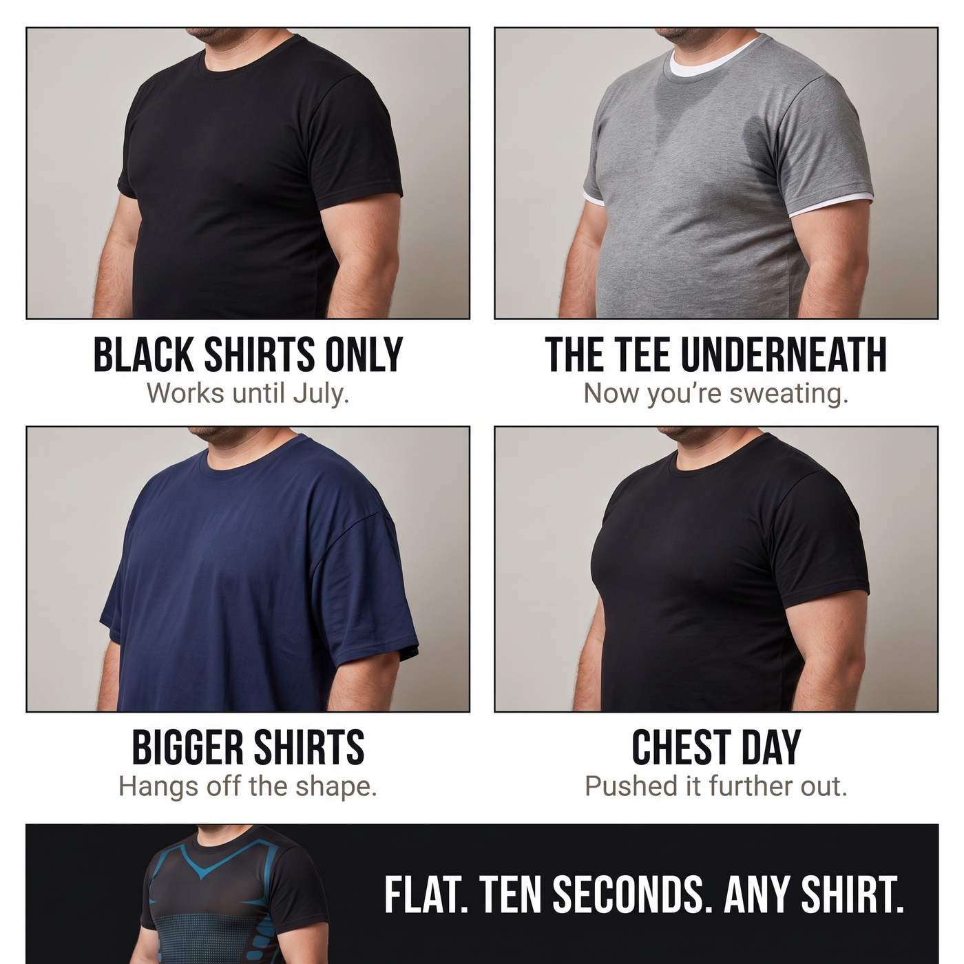 The same man in three shirts: sized up, in his actual size, and in his actual size over the compression tank